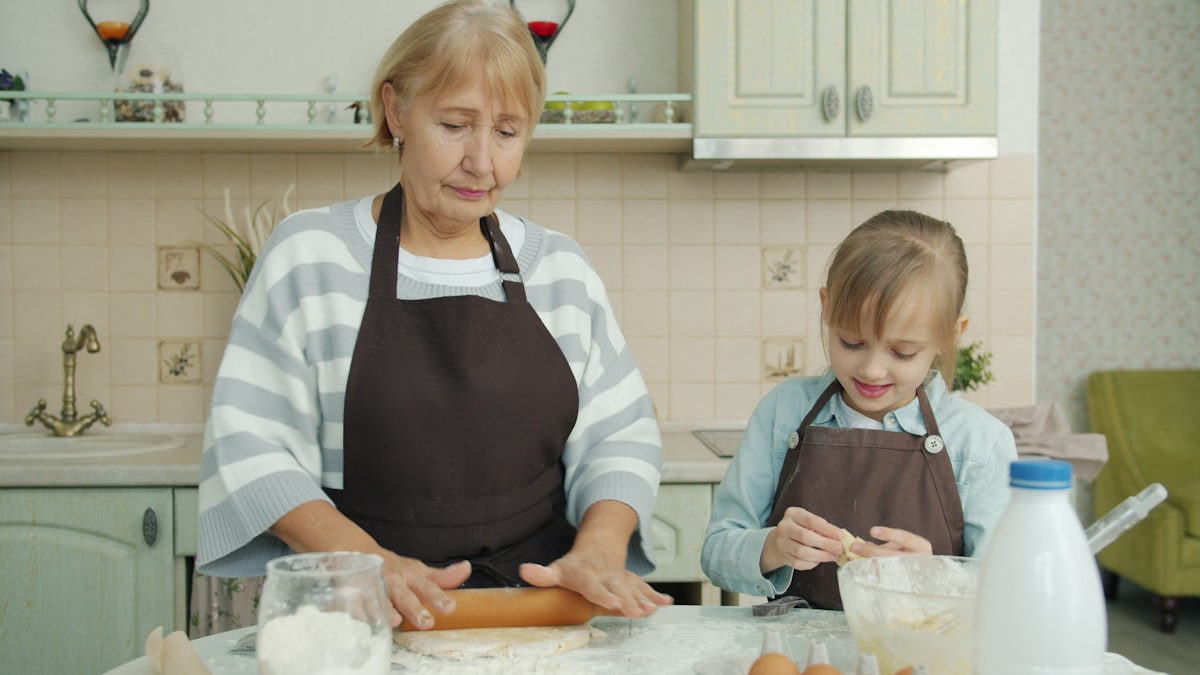 Mother and child cooking together